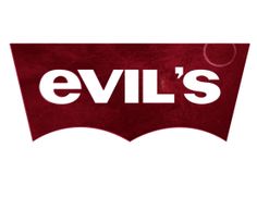 the evil's logo is shown in red and white, as well as an image of