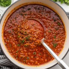 a large pot filled with sauce and garnished with parsley on the side