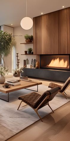 a modern living room with wood paneling and an open fire place in the fireplace