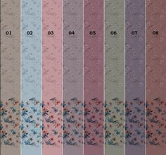 the different colors of wallpapers are shown in multiple rows, each with flowers on them