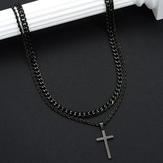 Black Cross Pendant Jewelry Gift, Stainless Steel Double Chain Jewelry As A Gift, Stainless Steel Double Chain Jewelry For Gift, Black Metal Cross Jewelry, Black Double Chain Necklace As Gift, Black Metal Cross Pendant Jewelry, Black Double Chain Necklace For Gift, Minimalist Black Cross Jewelry, Modern Black Jewelry With Double Chain