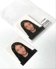 two photos of a woman with black hair are shown on the same card as they appear to be taken