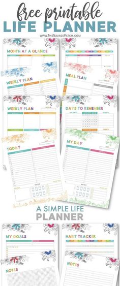 the free printable life planner is shown in four different colors and sizes, with text that