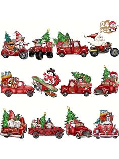 christmas vehicles with santa claus and other decorations