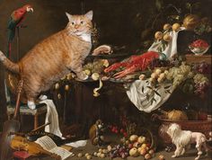 a cat sitting on top of a table next to fruit and other foodstuffs