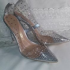 Clear Pumps W/ Rhinestone And Stacked Crystal Heel! Clear Wedding Heels, Glamorous Clear Embellished Heels, Glamorous Embellished Clear Heels, Clear Pointed Toe Heels With Rhinestones, Clear Rhinestone Pointed Toe Heels, Glamorous Clear Heels With Rhinestones, Clear Pumps, Diamond Heels, Ball Makeup