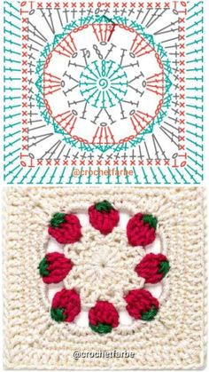 two crocheted squares with red flowers on them