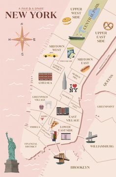 an illustrated map of new york with the statue of liberty and other attractions on it