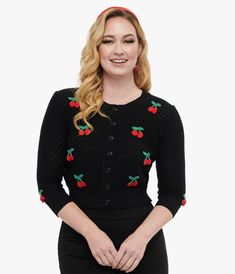 Cherry good, dames! A sublimely soft separate, this breezy knit sweater is lightweight and supple, in soft black stippled with darling crochet cherries appliques. Boasting a button up crew neckline and ribbing detail at collar, cuffs and hem. Three-quarter sleeves and a comfortable, fitted silhouette top off this cherry charmer!Available in sizes S-L while supplies last. Crochet Cherries, Knit Crop Cardigan, Crop Cardigan, Red Cherry, Cardigan Outfits, Knit Crop, Cropped Cardigan, Soft Black, Quarter Sleeve