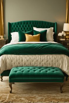 a bed with green velvet headboard and foot stool