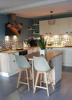 two stools sit at the center of a kitchen island