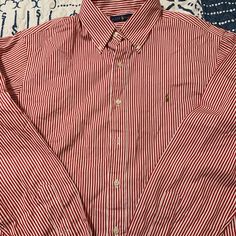 Nwt, Other- The Actual Tag Came Off But You Can See On The Pic The Plastic Tag Is Still On. Never Worn.Ralph Lauren Dress Shirt, Perfect For The Holidays. Neck 16.5, 42. Give It A New Home Today. Red Top With Striped Collar For Spring, Red Spring Top With Striped Collar, Striped Preppy Shirt For Spring, Preppy Striped Shirt For Spring, Spring Striped Preppy Shirt, Ralph Lauren Striped Shirt For Spring, Red Cotton Shirt With Vertical Stripes, Spring Striped Ralph Lauren Top, Red Shirt With Striped Collar For Spring