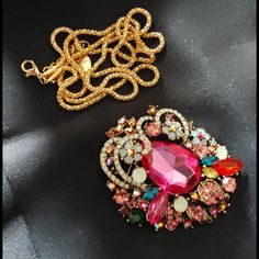 Beautiful!! Antique Gold Tone With Multi Color Stones Can Be Worn As A Brooch Pin Or As A Pendant Measures 2.5" X 2 1/4" 28" Gold Tone Chain Included New 17 Pink Evening Brooches, Pink Brooch Jewelry For Evening, Pink Evening Jewelry Brooch, Vintage Pink Brooches For Party, Pink Evening Brooch Jewelry, Pink Costume Jewelry Brooch For Gift, Pink Costume Jewelry Brooches For Gifts, Color Stones, Pin Pendant