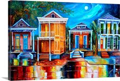 a painting of colorful houses on the water