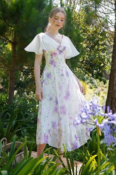 White Floral Maxi Dress, Purple Tone, Mean Blvd, Brocade Dresses, Cape Sleeves, Mass Production, Chiffon Maxi Dress, Women Maxi, White Maxi Dresses