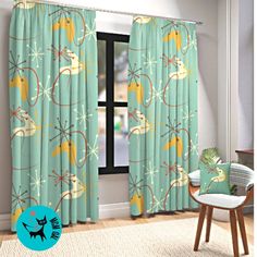 a living room scene with focus on the curtains and window coverings that have birds printed on them