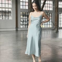 Purchased This For A Wedding And Never Wore It. Size Xs, Satin, Dusty Blue Color Elegant Blue Slip Dress With Fitted Bodice, Elegant Blue Slip Dress For Wedding, Elegant Fitted Light Blue Bridesmaid Dress, Elegant Light Blue Midi Slip Dress, Dusty Blue Fitted Elegant Dress, Elegant Fitted Dusty Blue Dress, Blue Midi Dress For Bridesmaid, Blue Midi Dress With Fitted Bodice For Bridesmaid, Light Blue Sleeveless Midi Bridesmaid Dress