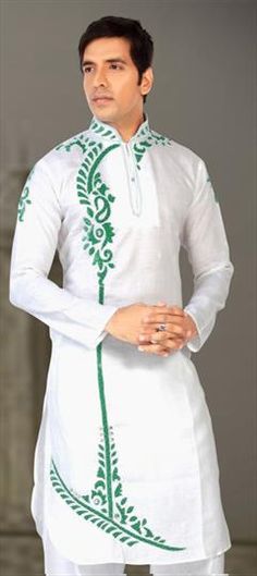 Green color Kurta in Cotton fabric with Embroidered work Traditional White Cotton Embroidered Fabric, Green Cotton Embroidered Fabric For Eid, Eid Green Embroidered Cotton Fabric, Green Cotton Embroidered Fabric For Wedding, Wedding Green Cotton Embroidered Fabric, Wedding Cotton Kurta With Motifs, White Long Sleeve Kurta With Motifs, Green Cotton Fabric With Chikankari Embroidery, Traditional White Cotton Fabric