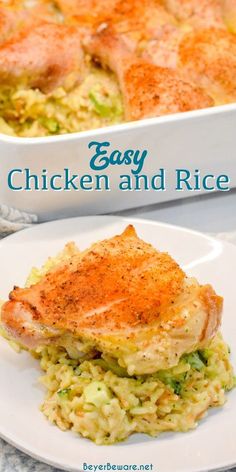 chicken and rice casserole on a white plate with the words easy chicken and rice