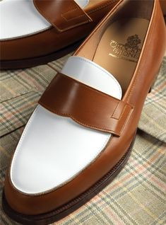 The Crewe Loafer in Tan and White Calfskin - The Ben Silver Collection Fitted Wingtip Moccasins With Leather Sole, White Tassel Loafers With Leather Sole For Business, White Tassel Loafers For Business, Formal Moccasins With Contrast Sole And Almond Toe, White Classic Tassel Loafers For Galas, Classic Slip-on Loafers With Rubber Heel Cap, Elegant Loafers With Contrast Sole And Moc Toe, Elegant Loafers With Moc Toe And Contrast Sole, Classic White Wingtip Tassel Loafers