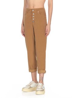 - Brown Dond Up pants for woman - Belt loops - Five pockets - Front zip and logoed buttons fastening - All-over corduroy pattern - Rear leather logo - Rear metal monogramComposition: 66% Cotton, 32% Lyocell, 2% Elastane Brown Straight Leg Pants With Button Closure, Casual Pants With Snap Buttons For Fall, Casual Fall Pants With Snap Buttons, Brown Tapered Leg Bottoms With Button Closure, Brown Tapered Leg Pants With Button Closure, Brown High-waisted Pants With Patch Pockets, Brown High-waisted Bottoms With Patch Pockets, Brown Corduroy Bottoms With Buttons, Cotton Straight Leg Bottoms With Snap Buttons