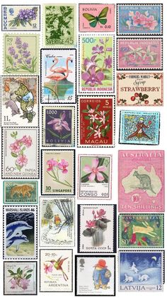 many different stamps with flowers and animals on them