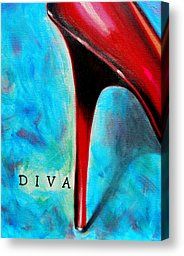 a painting of a red high heeled shoe with the word diva on it