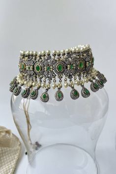 Gold finish tear drop carved choker with green stone embellishment and bead drops. Comes with earrings. - Aza Fashions Diana Penty, Eid Party, Luxury Sale, Choker Set, Fashion App, Gift Card Sale, Modern Bride, Green Stone, Tear Drop