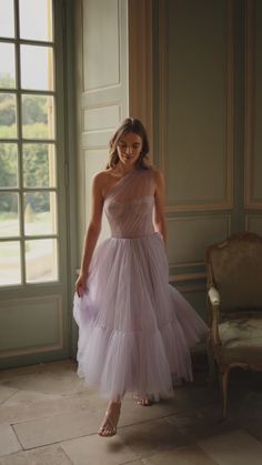 Lavender One-Shoulder Cocktail Tulle Dress ➤➤ Milla Dresses - USA, Worldwide delivery Tulle Dress Styling, One Shoulder Dress Midi, Tulle A Line Dress, One-shoulder Tulle Gown For Gala, One Shoulder Tulle Evening Dress For Spring, One Shoulder Tulle Skirt Dress For Wedding, One Shoulder Tulle Prom Dress, Tulle Wedding Guest Dress, Lilac Wedding Guest Dress