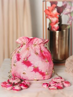 Gulabo - Hot Pink Embroidered Tie-Dye Cotton Satin Potli Bag by Vareli Bafna now available at Trendroots Flower Tassels, Kawaii Bag, Potli Bag, Sewing Easy Diy, Tarot Bags, Diy Bags Patterns, Dye Fabric, Potli Bags, Hand Embroidery Flowers