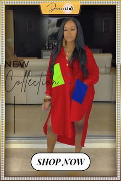 Leisure Patchwork Pocket Loose Blouse Dress Multicolor Long Sleeve Shirt Dress For Work, Long Sleeve Patchwork Office Dress, Long Sleeve Patchwork Dresses For Office, Multicolor Long Sleeve Dresses With Pockets, Red Dress With Pockets For Day Out, Calf Sleeve, Color Pick, Loose Blouse, Blouse Dress