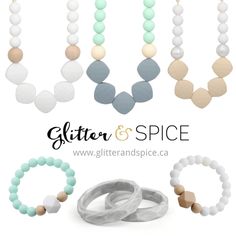 the glitter and spice necklaces are shown in different colors, sizes and shapes