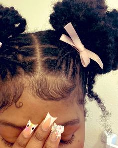 2 flower buns and cute pink bows #starterlocstyles #starterlocs #locstyles #locsassesories #locs #locstylesforwomen #naturalhaircare #naturalhairjourney Style With Faux Locs, Bow Loc Styles, Loc Colors Ideas, Locs Slick Back, Short Loc Hair Styles For Black Women, Loc Flower Bun, Dyed Locs Inspiration, Two Buns Locs Hairstyle, Loc Styles With Bow