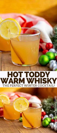 two glasses filled with hot toddy warm winter cocktail