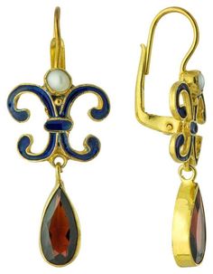 Looking at this earrings is a visual feast. Enamel work was revived in Renaissance jewelry. Here, arabesques enameled royal blue, crowned by a cultured pearl, swing a garnet pendant. 24k gold over sterling silver. European backs for pierced ears. Size:1 1/2 inches. Elegant Gemstone Earrings With Enamel, Elegant Enamel Earrings With Gemstones, Elegant Teardrop Enamel Jewelry, Elegant Enamel Dangle Jewelry, Elegant Enamel Pierced Earrings, Elegant Pierced Enamel Jewelry, Elegant Enamel Jewelry With Gemstone, Elegant Enamel Drop Earrings Jewelry, Elegant Enamel Drop Earrings