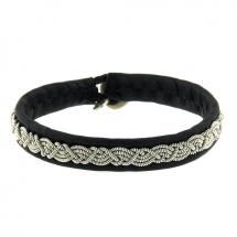 Handmade single wrap Bracelet created in black leather with woven Pewter and horn clasp by Maria Rudman.  16.5cm Sweden