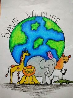 a drawing of animals around the world with save wildlife written on it's side