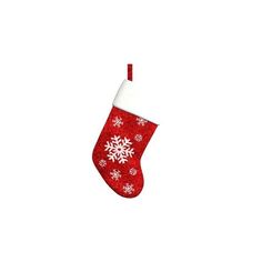 a red and white christmas stocking with snowflakes hanging from it's side