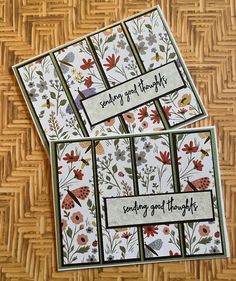 three cards with flowers and words on them