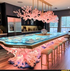 a large dining table with corals on it