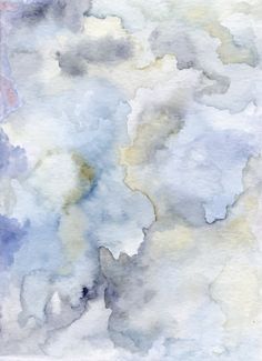 an abstract watercolor painting with blue, yellow and white clouds in the sky above