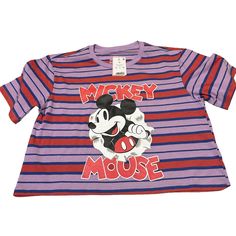 Disney Mickey Mouse Juniors Womens Xs Crop Top Shirt Purple Red Stripe Bg5 Casual Pink Mickey Mouse Top, Disney Minnie Mouse Summer Tops, Casual Pink Minnie Mouse Top, Multicolor Graphic Print Top For Disney Fan Events, Red Cotton Top With Cartoon Print, Multicolor Cartoon Print Tops For Disney Fan Events, Disney Graphic Print Cotton Tops, Disney Cotton Top With Graphic Print, Playful Summer Tops With Mickey Mouse