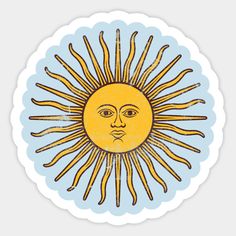 a sticker with the sun on it's face in blue and yellow colors