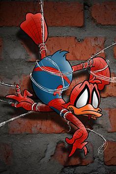 an image of a cartoon character that is on a brick wall with wires attached to it