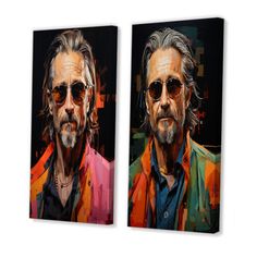 two paintings of the same man in different colors and sizes, one with sunglasses on