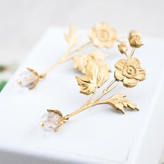 Gold Flower Earrings Flower and Crystal Stud Earrings Long Gold Earrings Bridal, Copper Electroforming, Mens Jewelry Box, Gold Flower Earrings, Long Gold Earrings, Bridal Flower, Earrings Flower, Crystal Stud Earrings, Gold Flower