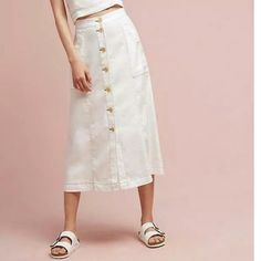 Linen Blend, Crisp White Midi Skirt With Mint Green Stitching. Full Button Down Front, With Large Front Pockets. Never Worn, With Tag. Sheer Midi Skirt, Sheer Sweater, White Midi Skirt, Midi Flare Skirt, Anthropologie Skirt, White Midi, Petite Skirt, Skirt Midi, Floral Midi Skirt