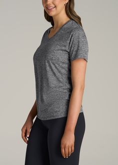 Women's Tall T-Shirts for Your Athletic Lifestyle The Perfect Blend of Comfort and Style Embrace chic activewear with our Short Sleeve Active V-Neck T-Shirt for Tall Women. This t-shirt, like all of our tops for tall women, is designed to offer both style and functionality, featuring a relaxed fit and a flattering V-neck. The pre-washed, shrinkage-controlled fabric ensures a perfect fit and lasting comfort, making it an ideal choice for both active and casual wear. Whether you're hitting the gym Sporty Workout T-shirt, Sportswear T-shirt For Exercise, Crew Neck Sportswear T-shirt For Light Exercise, Sportswear T-shirt For Light Exercise, Crew Neck, Sportswear Crew Neck T-shirt For Light Exercise, Athleisure Scoop Neck Tops For Yoga, Basic Moisture-wicking Tops For Yoga, Basic Scoop Neck Gym Top, Basic Gym Top With Scoop Neck