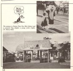 an old photo shows the front and back of a store with cartoon characters on it