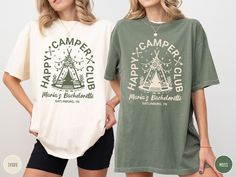 Get ready for your Camping Bachelorette Party with our Granola Girl Vibes matching tees! Personalize these shirts with the guest of honors name and a custom location, adding a touch of for your outdoor adventure. Made with Comfort Colors tees, these shirts are perfect for your Cabin Girls Trip or Weekend in the Woods. Whether you're hiking, glamping in the mountains, or celebrating by the lake, our Happy Camper shirts are the perfect Bridesmaid Gift and Bridal Party Favor for your Summer Bride c Glamping Bachelorette, Camp Bach, Camping Bachelorette, Camp Party, Outdoor Bride, Bachelorette Shirt, Bride Shirt, Bridal Party Shirts, Bride Shirts